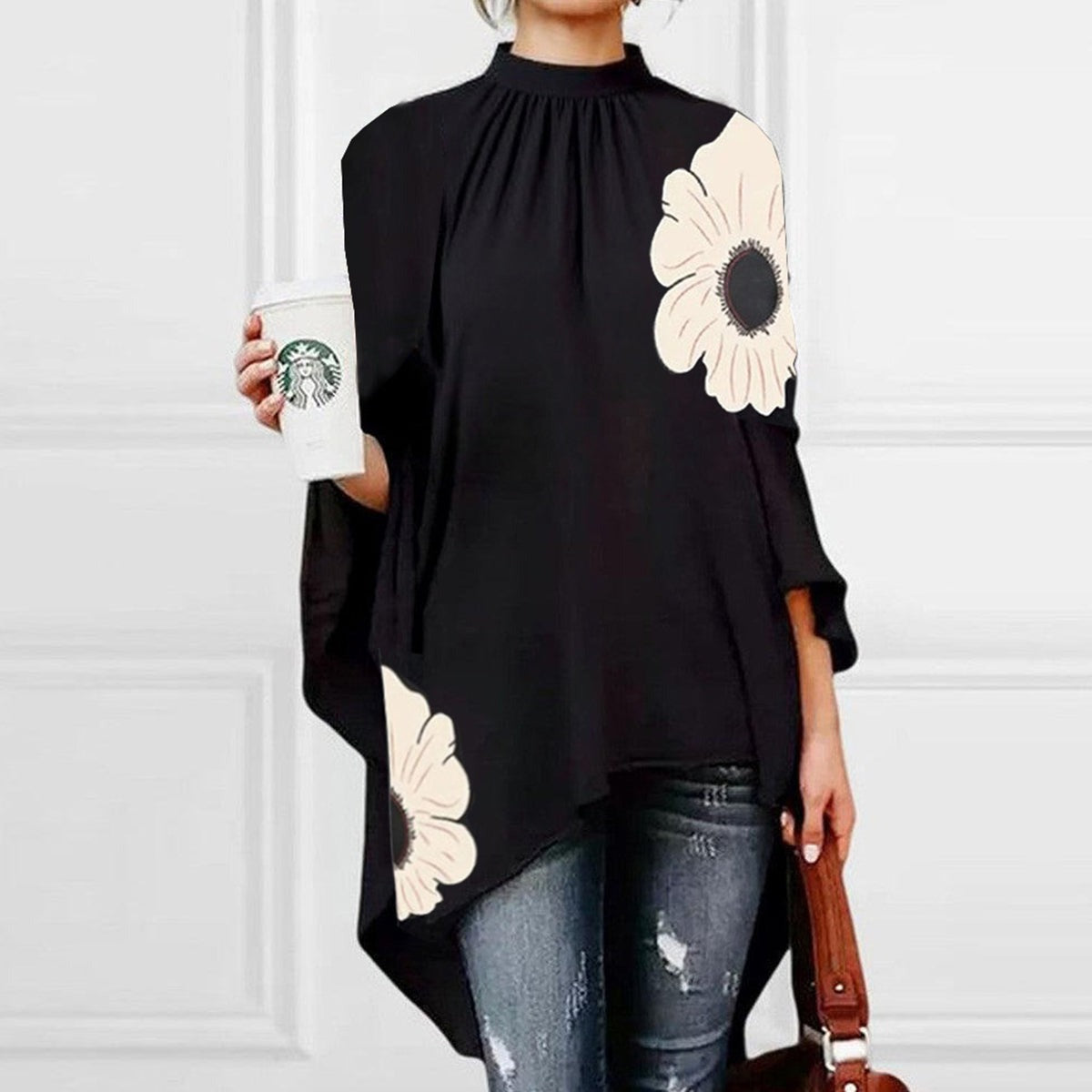 Black High Low Floral Print Poncho Style Blouse - WOOLX