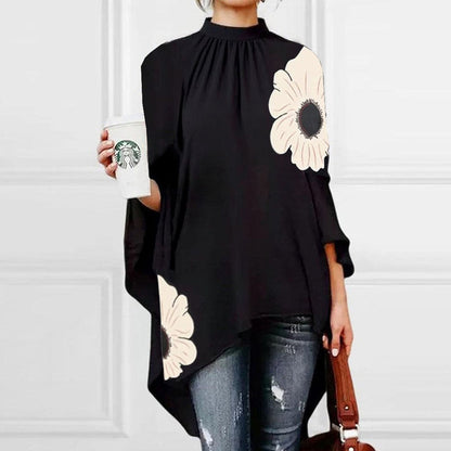 Black High Low Floral Print Poncho Style Blouse - WOOLX