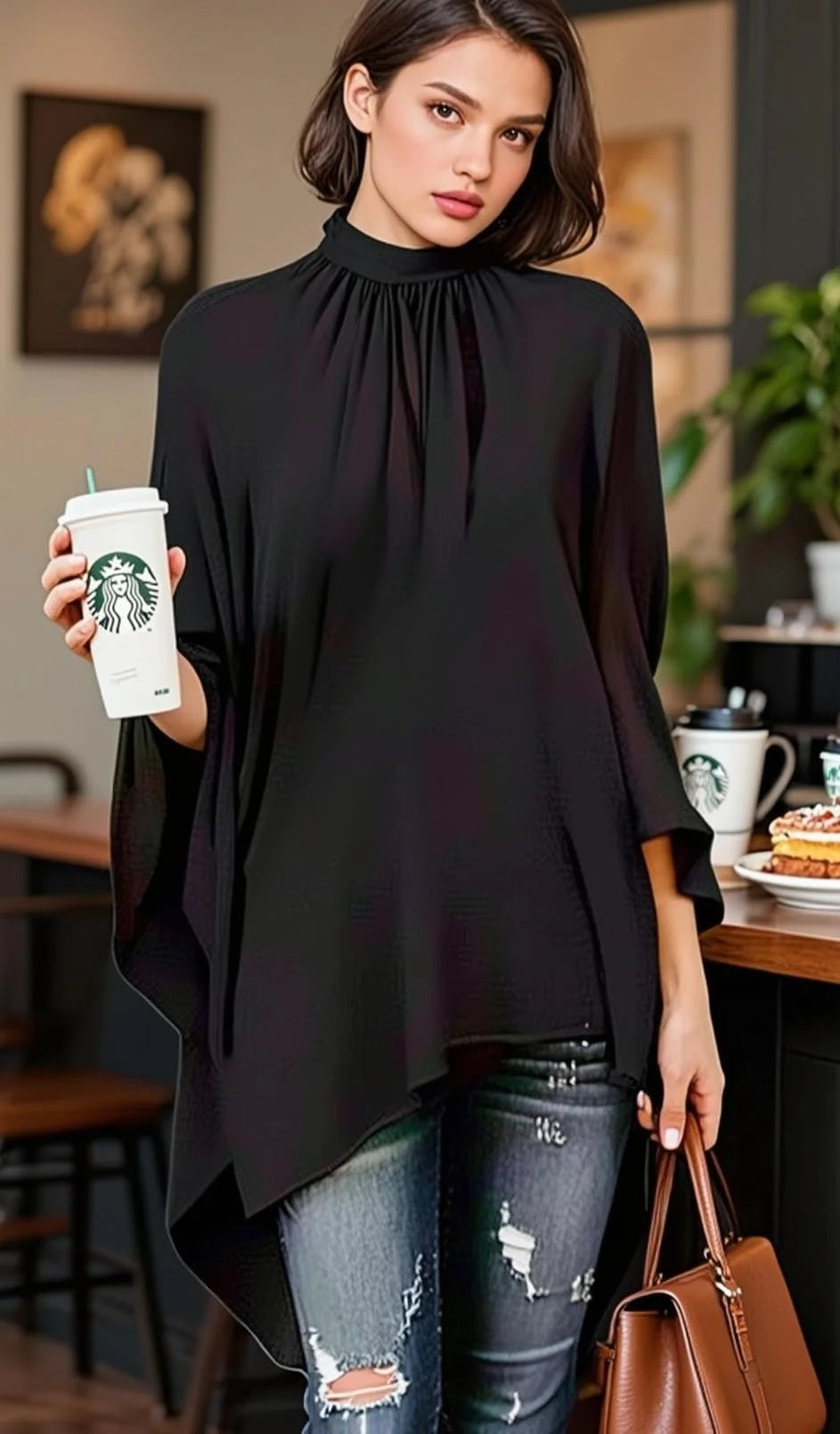 Black High - Low Poncho Style Blouse - WOOLX