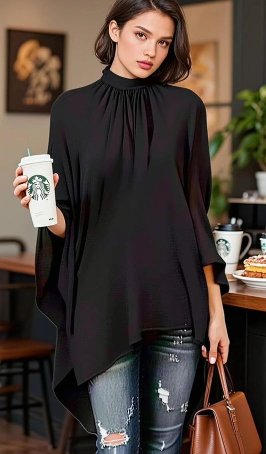 Black High - Low Poncho Style Blouse - WOOLX
