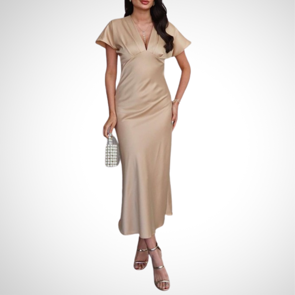 Elegant Beige Satin V - Neck Maxi Dress - WOOLX