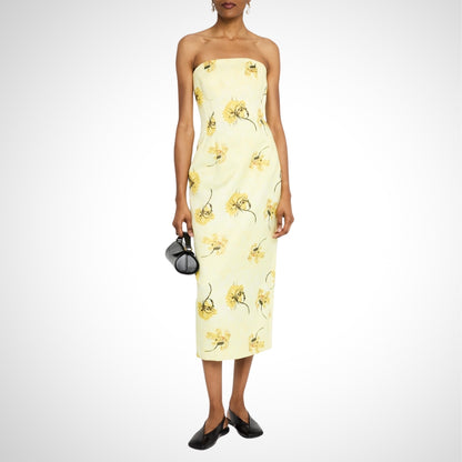 Light Yellow Floral Print Strapless Midi Dress - WOOLX