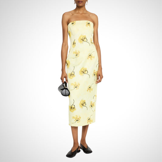 Light Yellow Floral Print Strapless Midi Dress - WOOLX