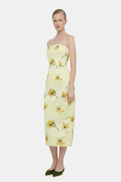 Light Yellow Floral Print Strapless Midi Dress - WOOLX