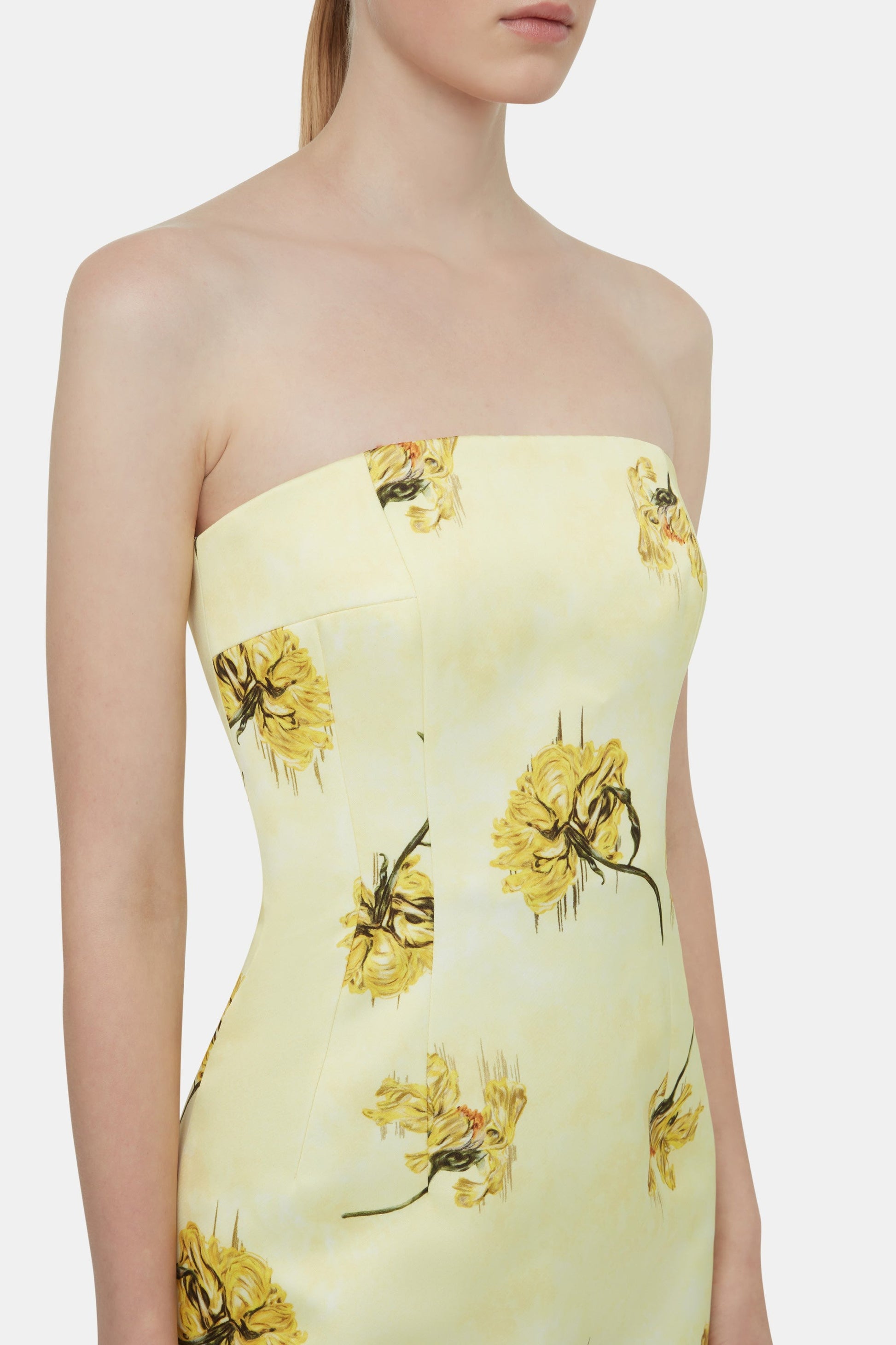 Light Yellow Floral Print Strapless Midi Dress - WOOLX