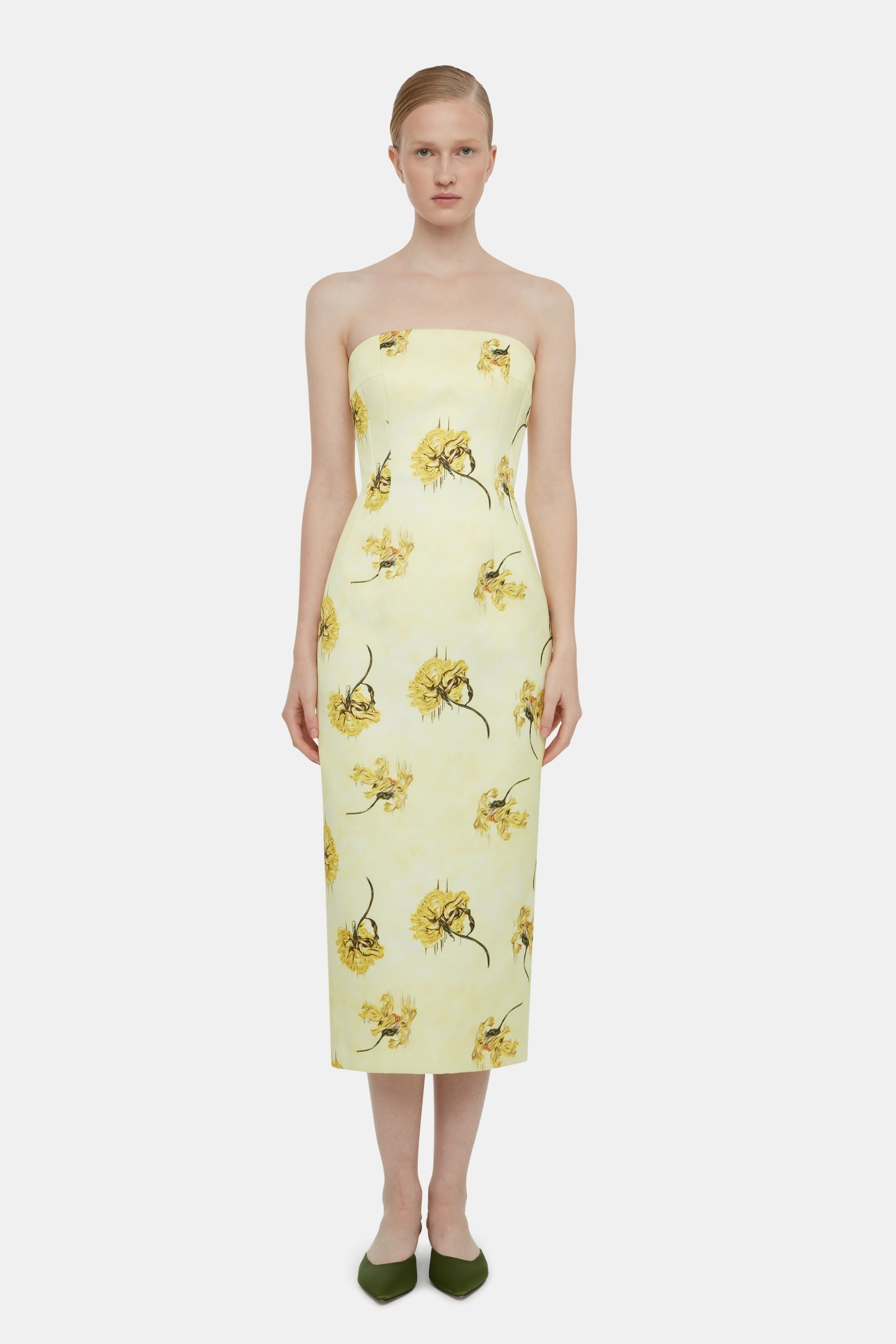 Light Yellow Floral Print Strapless Midi Dress - WOOLX