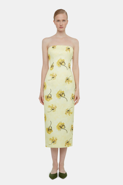 Light Yellow Floral Print Strapless Midi Dress - WOOLX