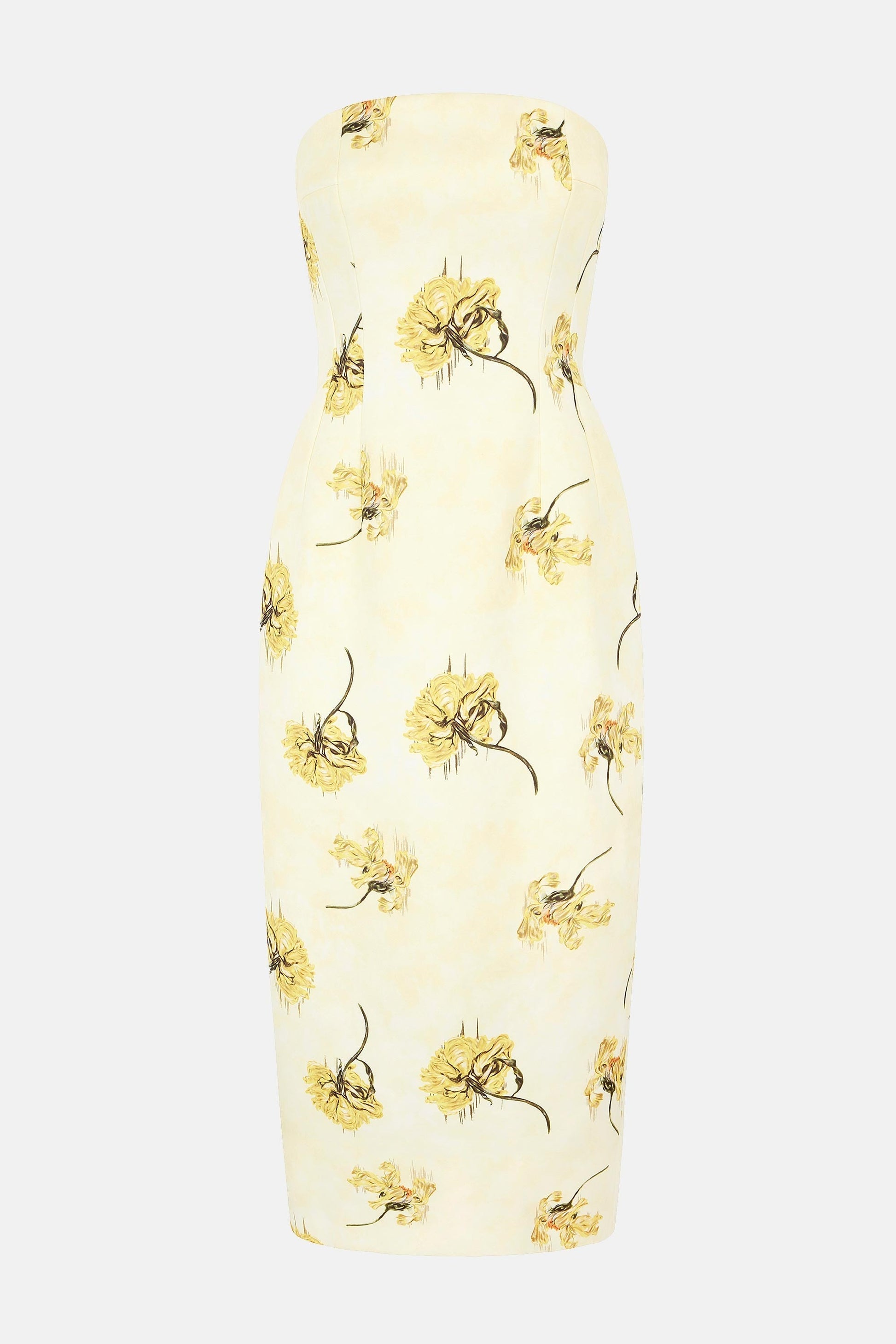 Light Yellow Floral Print Strapless Midi Dress - WOOLX