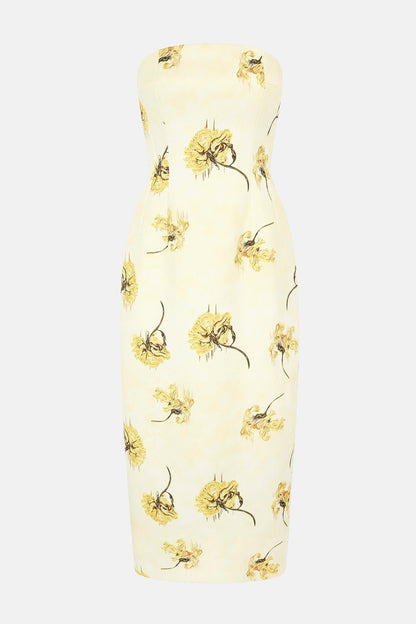 Light Yellow Floral Print Strapless Midi Dress - WOOLX