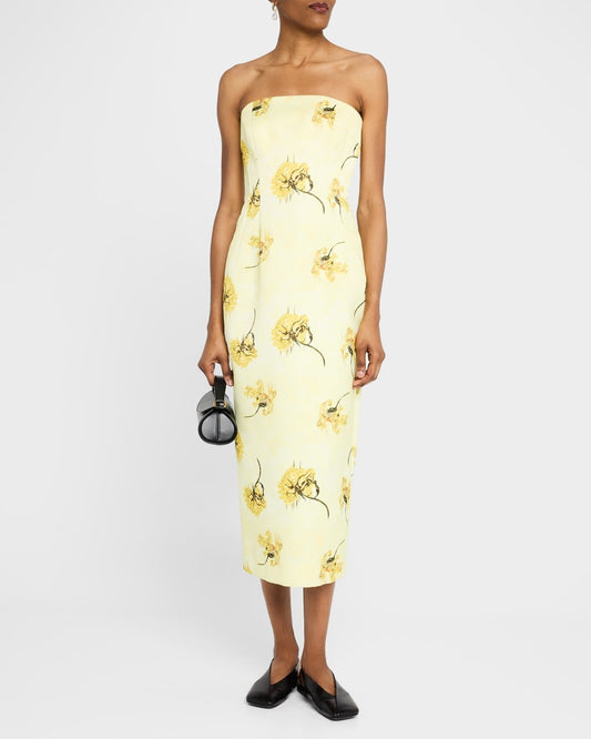 Light Yellow Floral Print Strapless Midi Dress - WOOLX