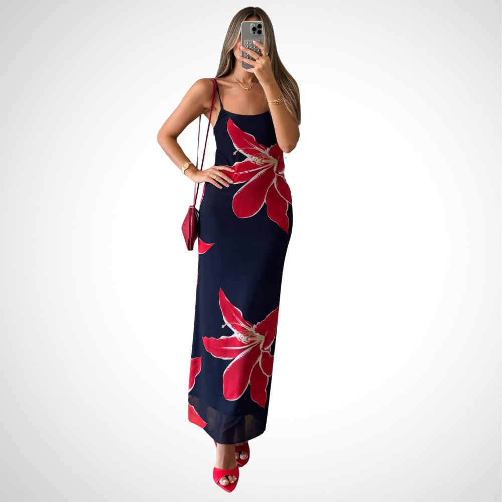 Navy Blue Floral Print Maxi Sundress - WOOLX