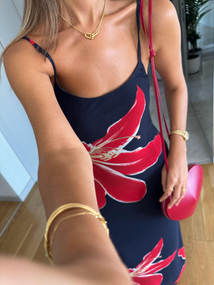 Navy Blue Floral Print Maxi Sundress - WOOLX