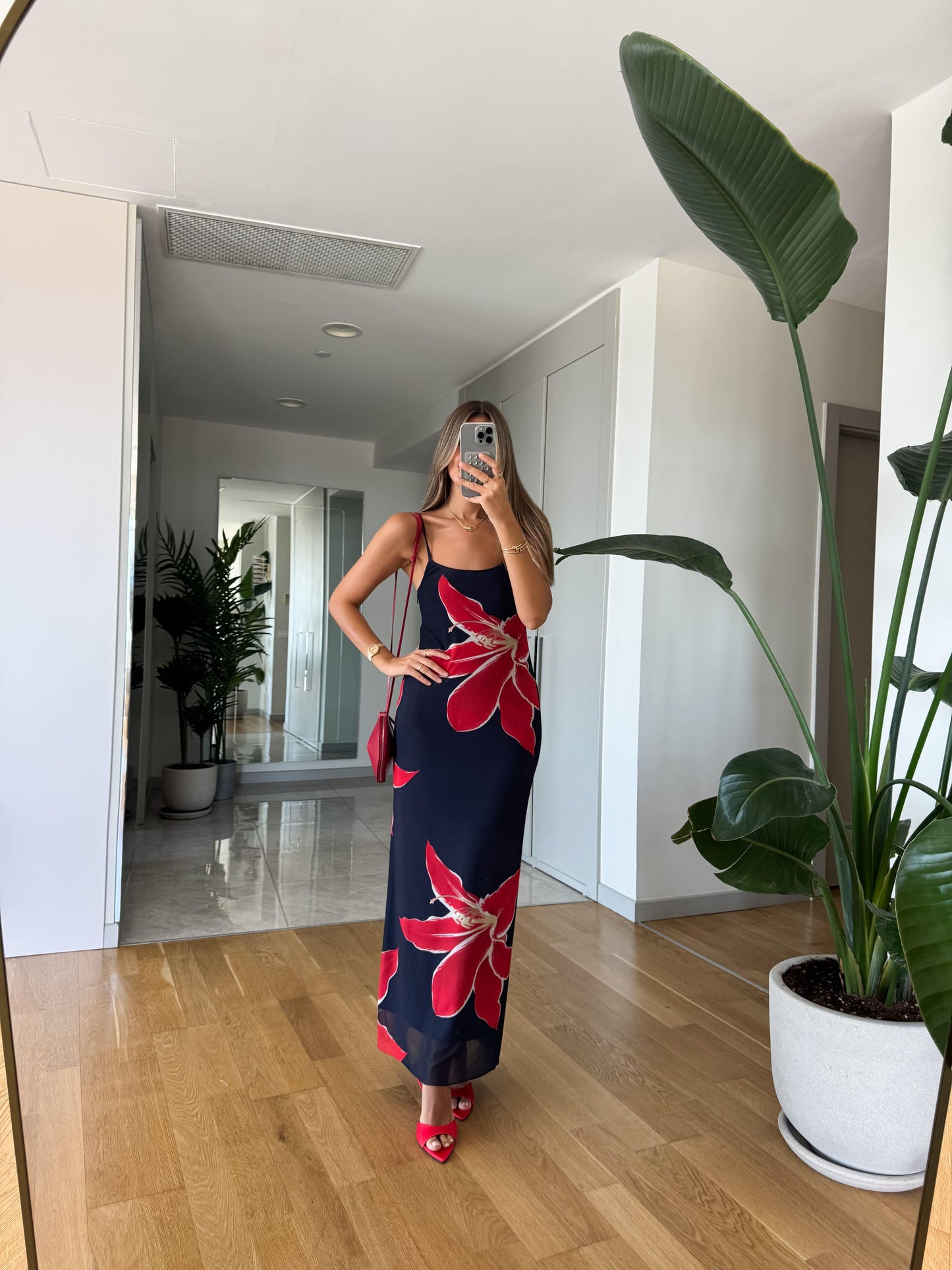 Navy Blue Floral Print Maxi Sundress - WOOLX