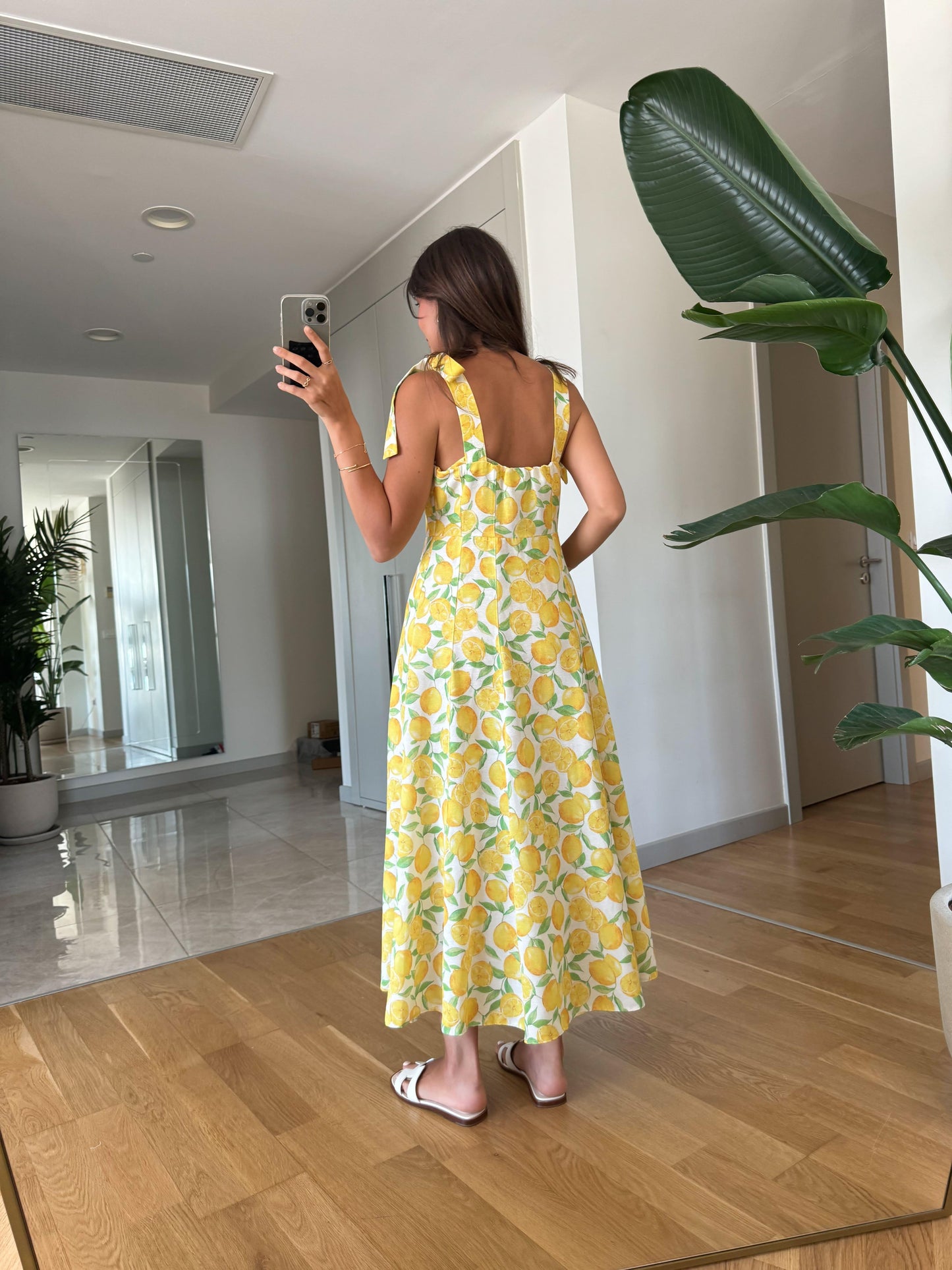 Lemon Print Tie Strap Midi Dress - WOOLX