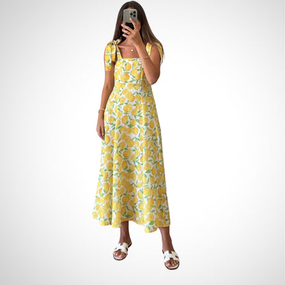 Lemon Print Tie Strap Midi Dress - WOOLX