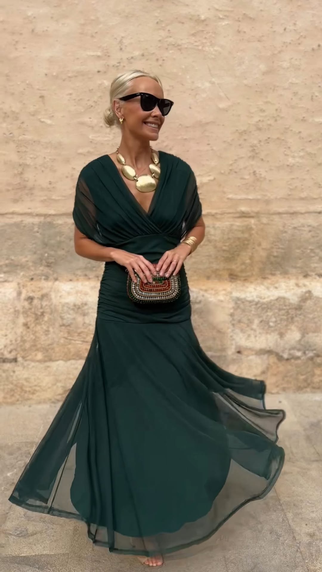 Dark Green Chiffon Maxi Dress With Sheer Details - WOOLX