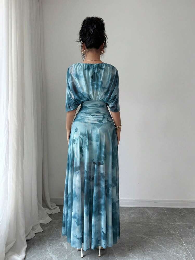 Blue Tie Dye V Neck Maxi Dress - WOOLX
