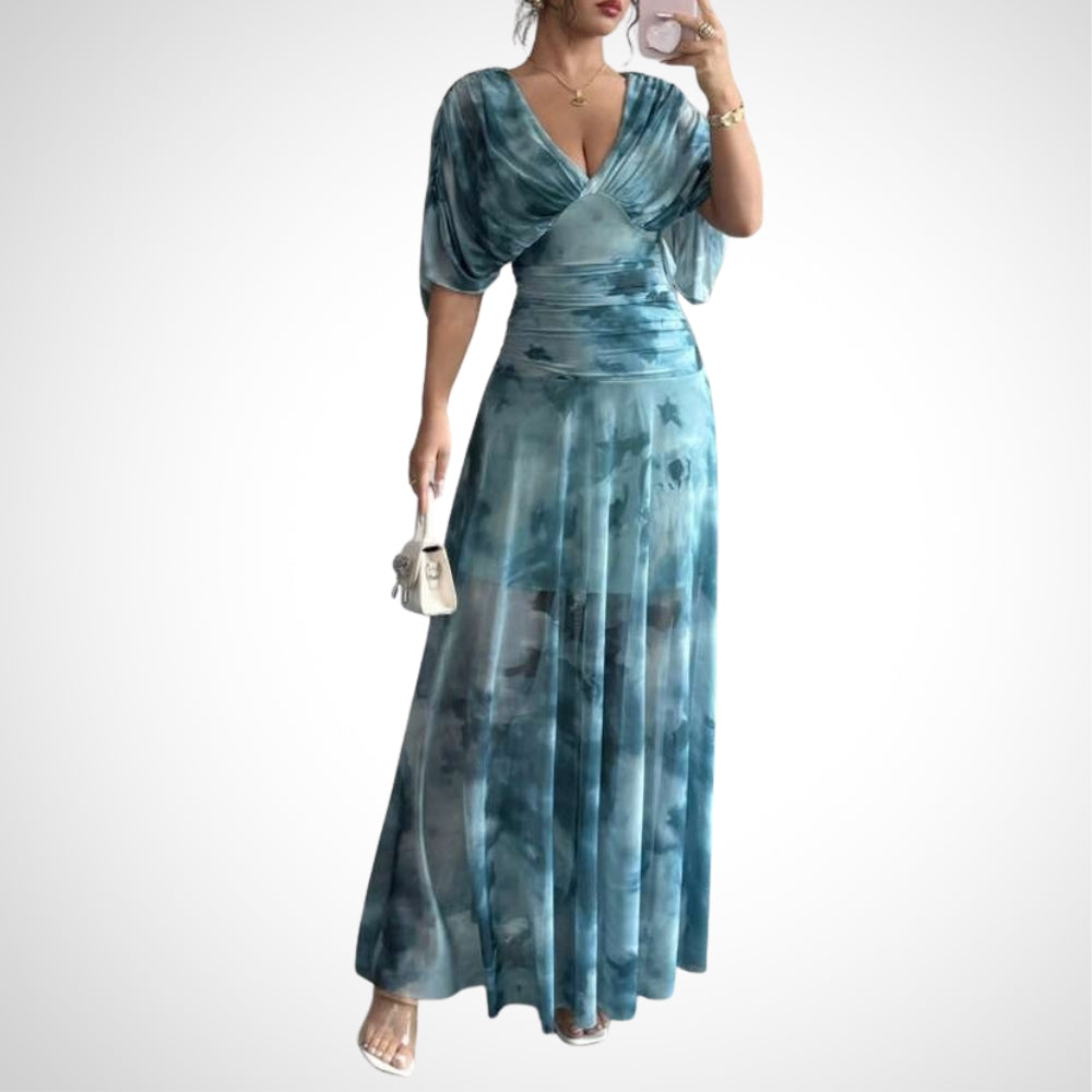 Blue Tie Dye V Neck Maxi Dress - WOOLX