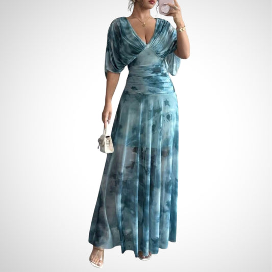 Blue Tie Dye V Neck Maxi Dress - WOOLX