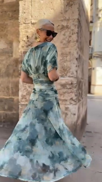 Blue Tie Dye V Neck Maxi Dress - WOOLX