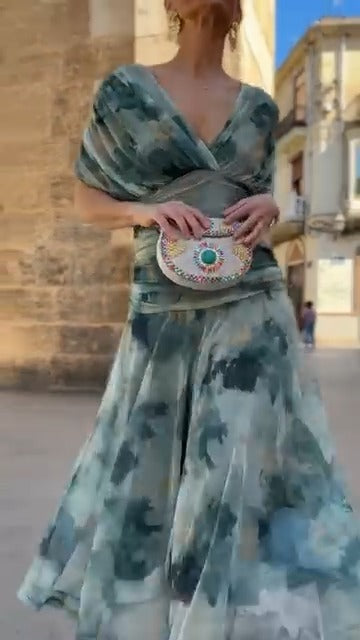 Blue Tie Dye V Neck Maxi Dress - WOOLX