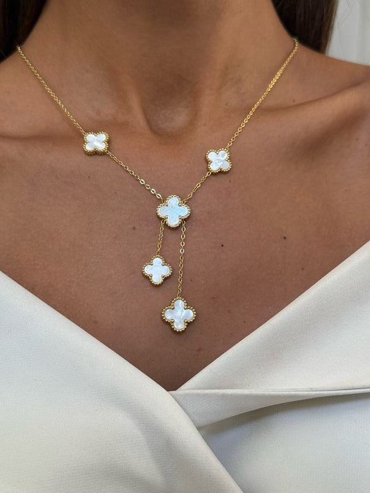 Gold/Sliver Toned Chain White Mother Of Pearl Four Leaf Clover Lariat Necklace - WOOLX