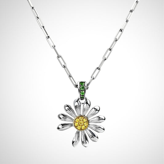Silver Daisy Pendant Necklace With Colored Gemstones - WOOLX
