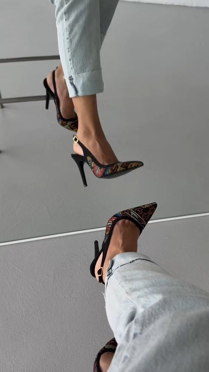 Colorful Embroidered Pointed Toe Slingback High Heels - WOOLX