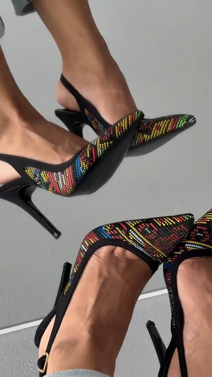 Colorful Embroidered Pointed Toe Slingback High Heels - WOOLX
