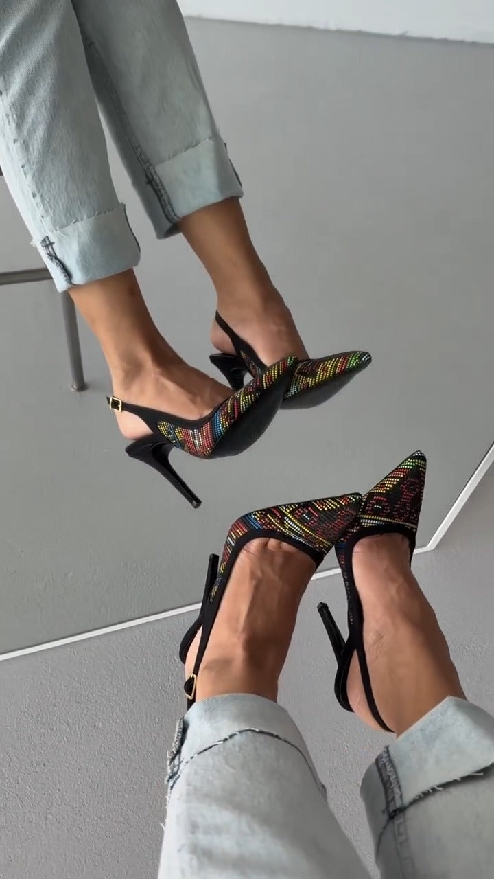 Colorful Embroidered Pointed Toe Slingback High Heels - WOOLX