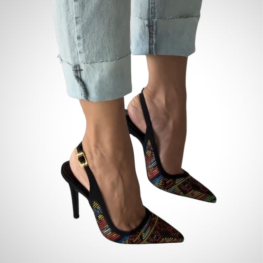 Colorful Embroidered Pointed Toe Slingback High Heels - WOOLX