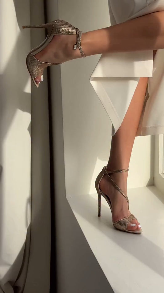 Metallic Gold Snake Print Ankle Strap High Heels - WOOLX