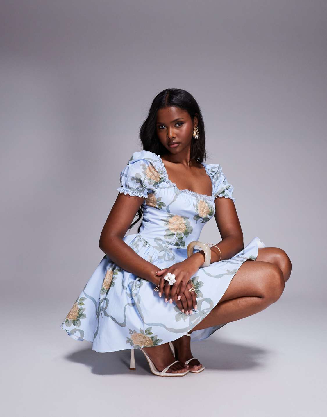 Light Blue Floral Print Puff - Sleeve Mini Dress - WOOLX