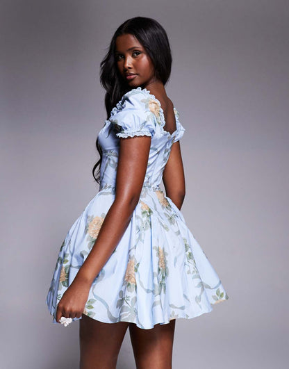 Light Blue Floral Print Puff - Sleeve Mini Dress - WOOLX