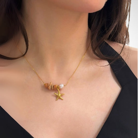 Gold Toned Starfish And Pearl Beach Style Necklace - WOOLX