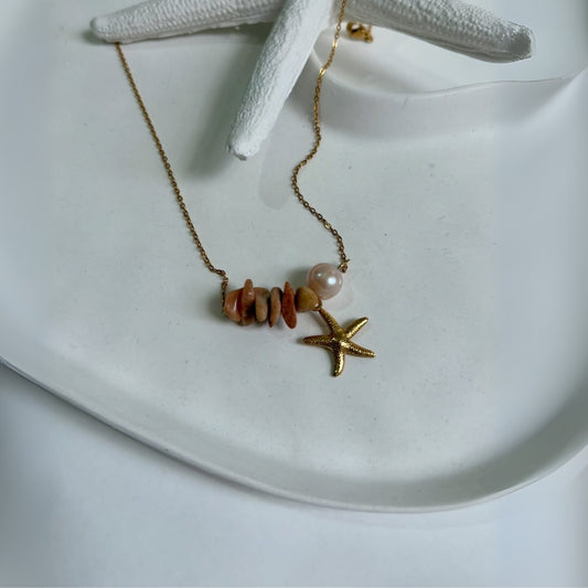 Gold Toned Starfish And Pearl Beach Style Necklace - WOOLX