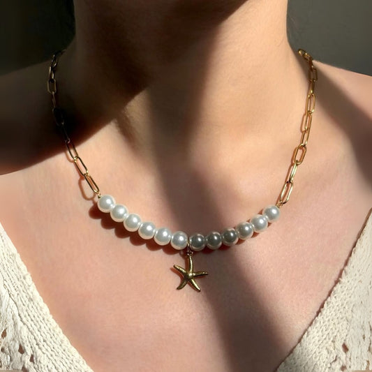 Gold - Link Pearl Starfish Necklace - WOOLX