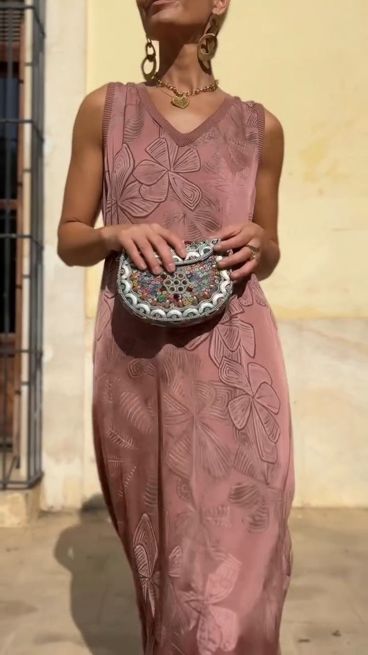 Rose - Pink Embroidered Sleeveless Maxi Dress - WOOLX