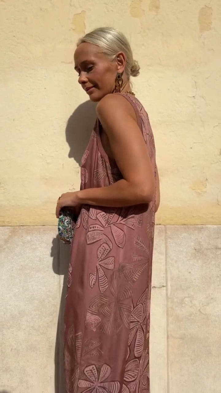 Rose - Pink Embroidered Sleeveless Maxi Dress - WOOLX