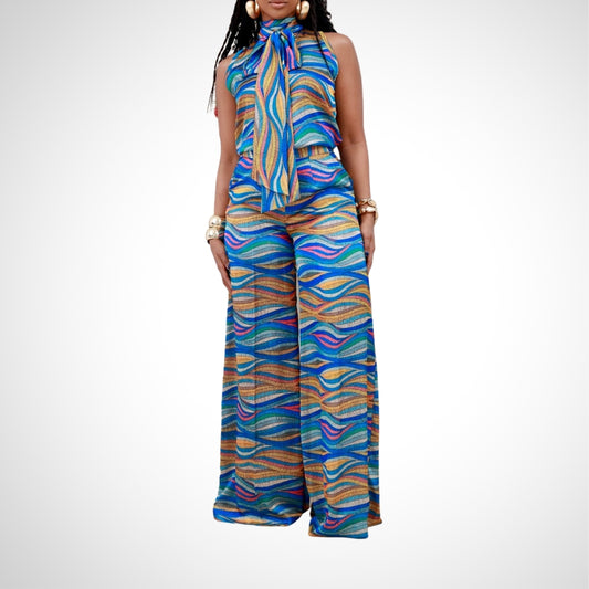 Colorful Wave print Halter Neck set - WOOLX