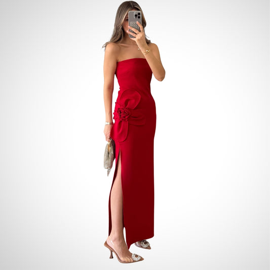 Scarlet Red Strapless Maxi Dress With Decorative Flower Accent - WOOLX
