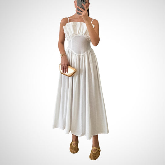Ivory Spaghetti - Strap Ruffled Bustier Midi Dress - WOOLX