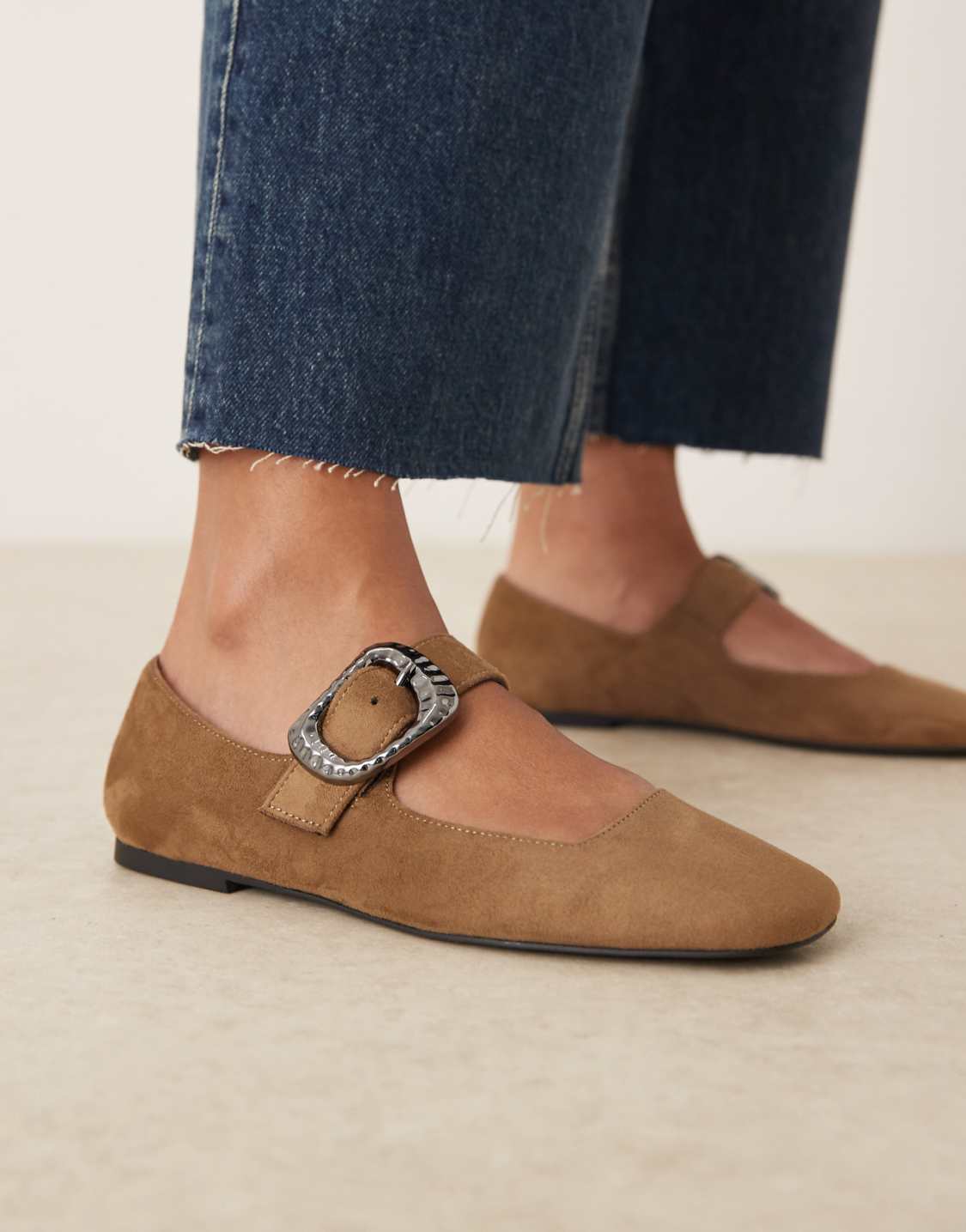 Tan Suede Buckle Accent Flat Mary Janes - WOOLX