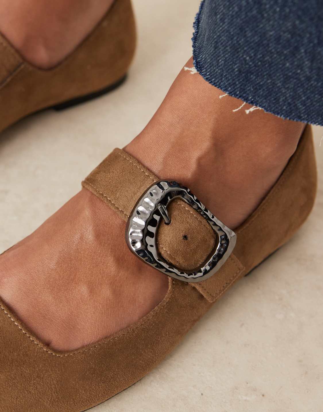 Tan Suede Buckle Accent Flat Mary Janes - WOOLX