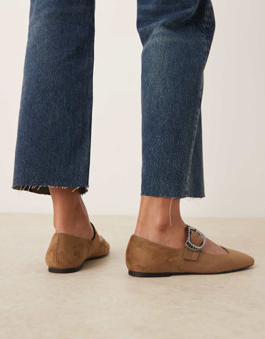 Tan Suede Buckle Accent Flat Mary Janes - WOOLX