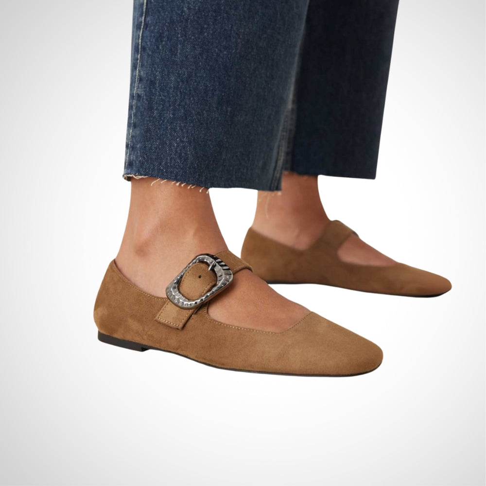 Tan Suede Buckle Accent Flat Mary Janes - WOOLX