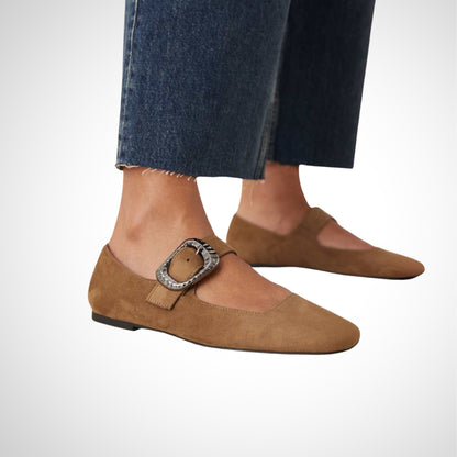 Tan Suede Buckle Accent Flat Mary Janes - WOOLX