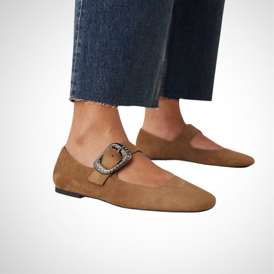 Tan Suede Buckle Accent Flat Mary Janes - WOOLX