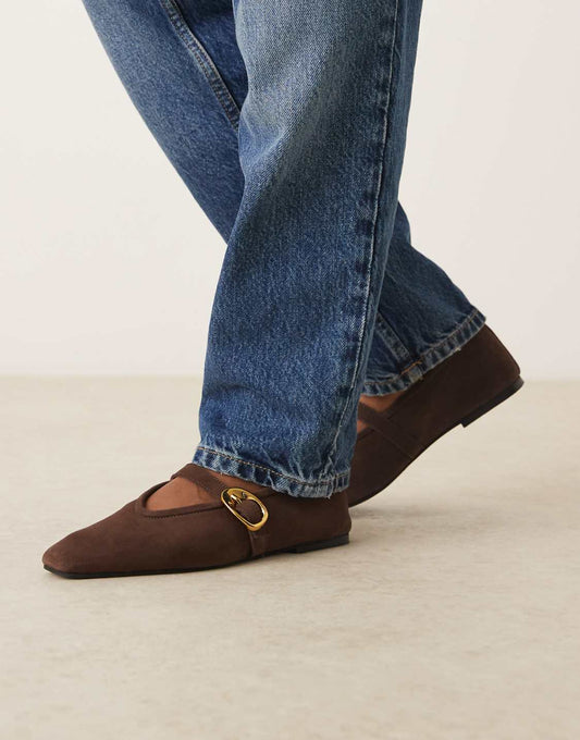 Dark Brown Suede Golden Buckle Slip On Loafers - WOOLX