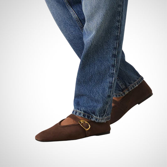 Dark Brown Suede Golden Buckle Slip On Loafers - WOOLX